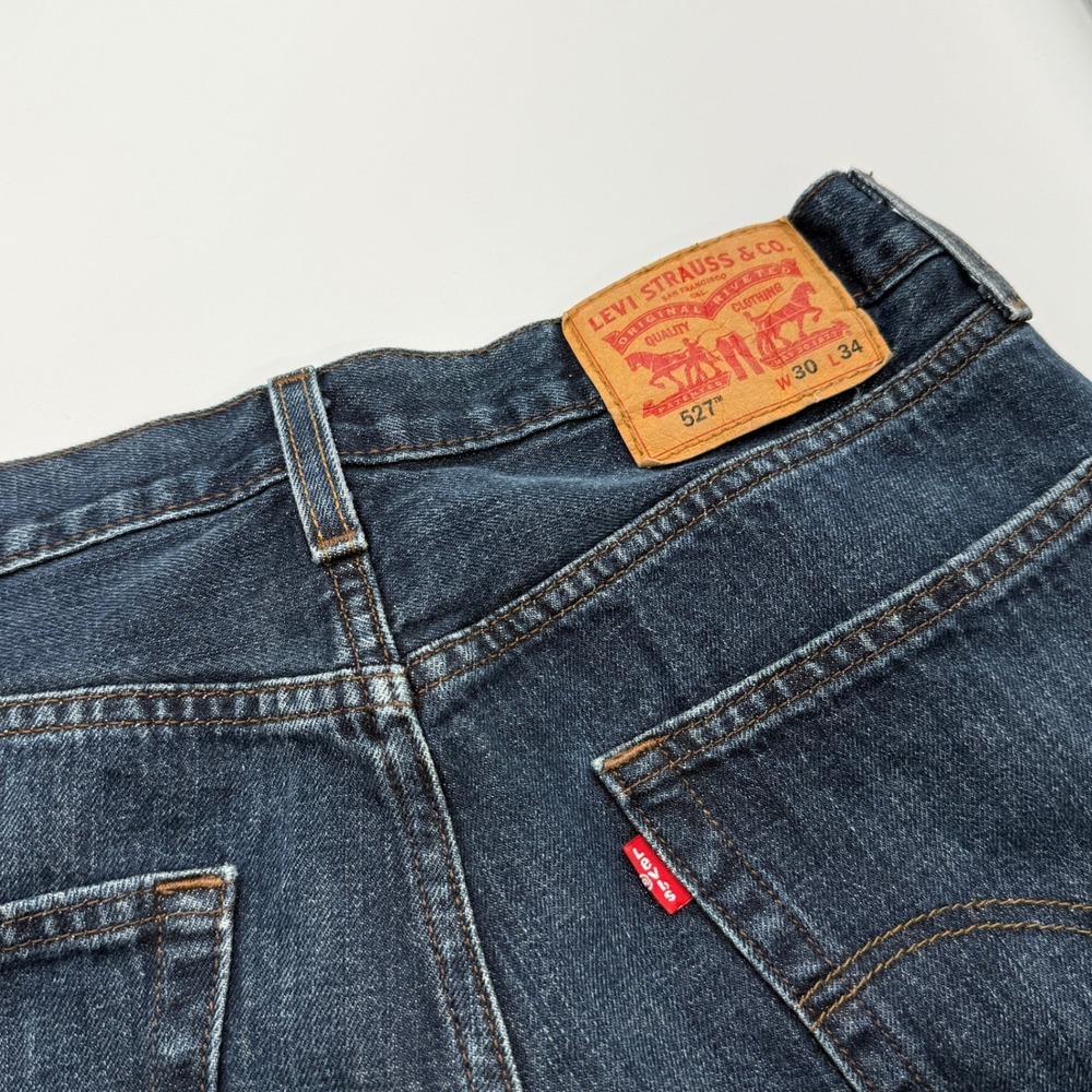 Levis 527 Mens Slim Bootcut Jeans Dark Wash Blue 30x34 Distressed